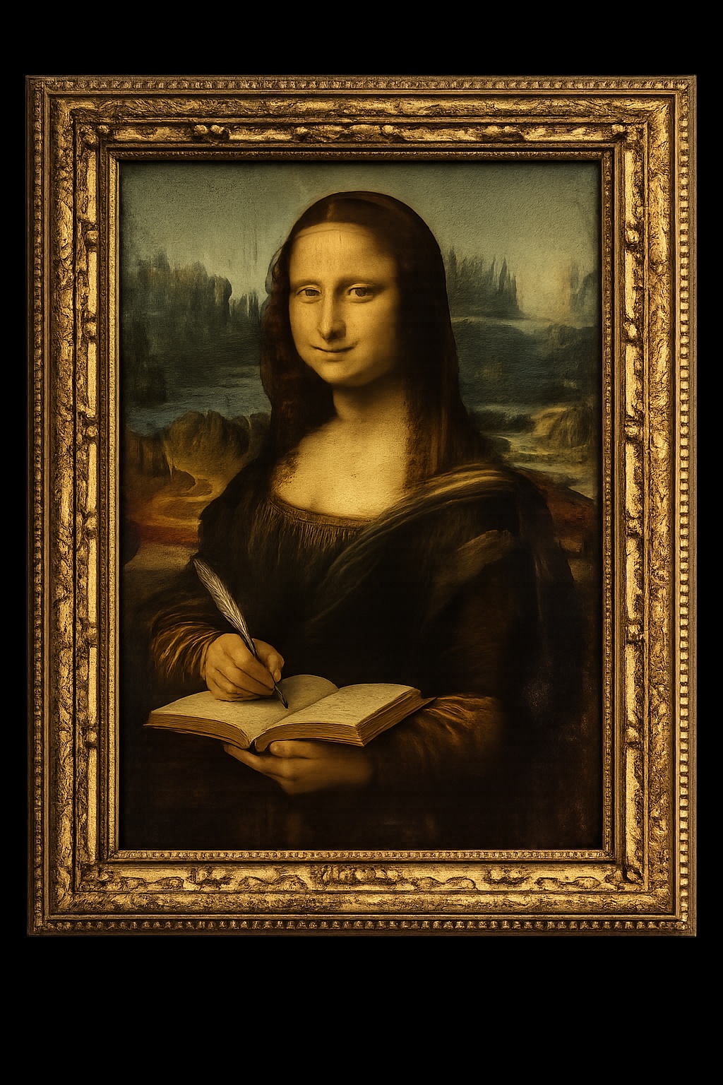 Mona Lista — the Mona Lisa writing a list, in a gilded frame